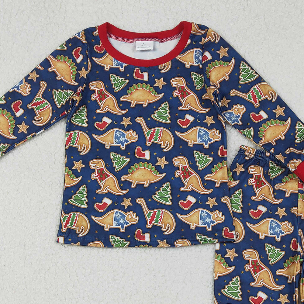 10.10 RTS NO MOQ (In stock)BLP1155 Baby Boys Winter Outfits Baby Boys Hats Dinosaurs Trees Top Pant Christmas Pajamas Set