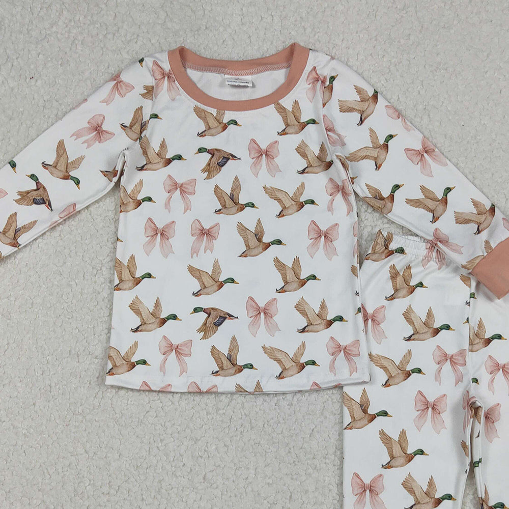 RTS NO MOQ (In stock)GLP2687Baby Girls Winter Outfits Ducks Bows Plaid Top Pants Pajamas Set