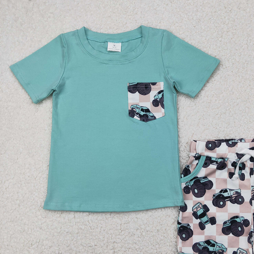 4.11 BSSO1316 RTS NO MOQ Baby Boys Summer Boys Outfits Baby Boys Aqua Short Sleeves Pocket Top Trucks Plaid Short Set