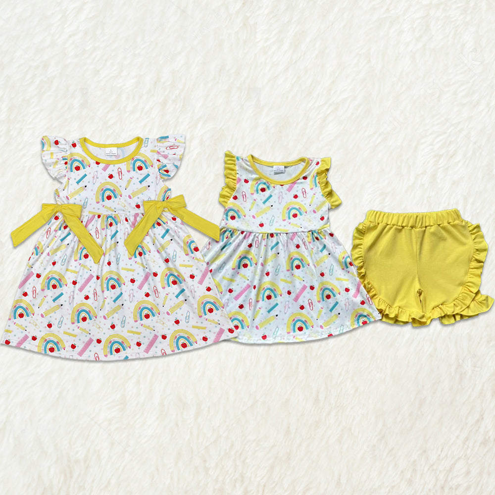 6.05 Girls Rainbow Pencil Skirt Outfit Yellow Apple Design Back to School Ensemble for Kids