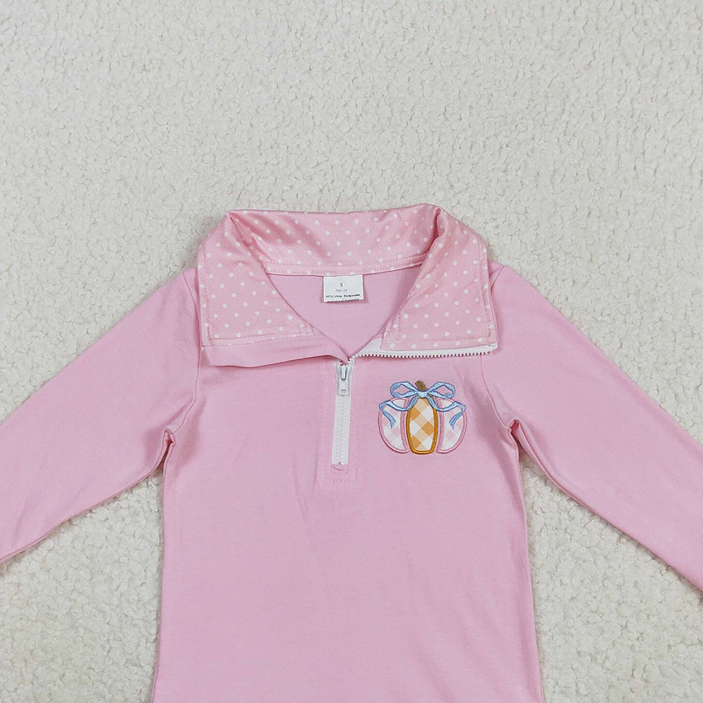 RTS NO MOQ (In stock)GT1112 Baby Girls Long Sleeve Tops Embroidery Baby Girls Pink Long Ruffle Sleeves Pumpkins Zipper Pullover Top
