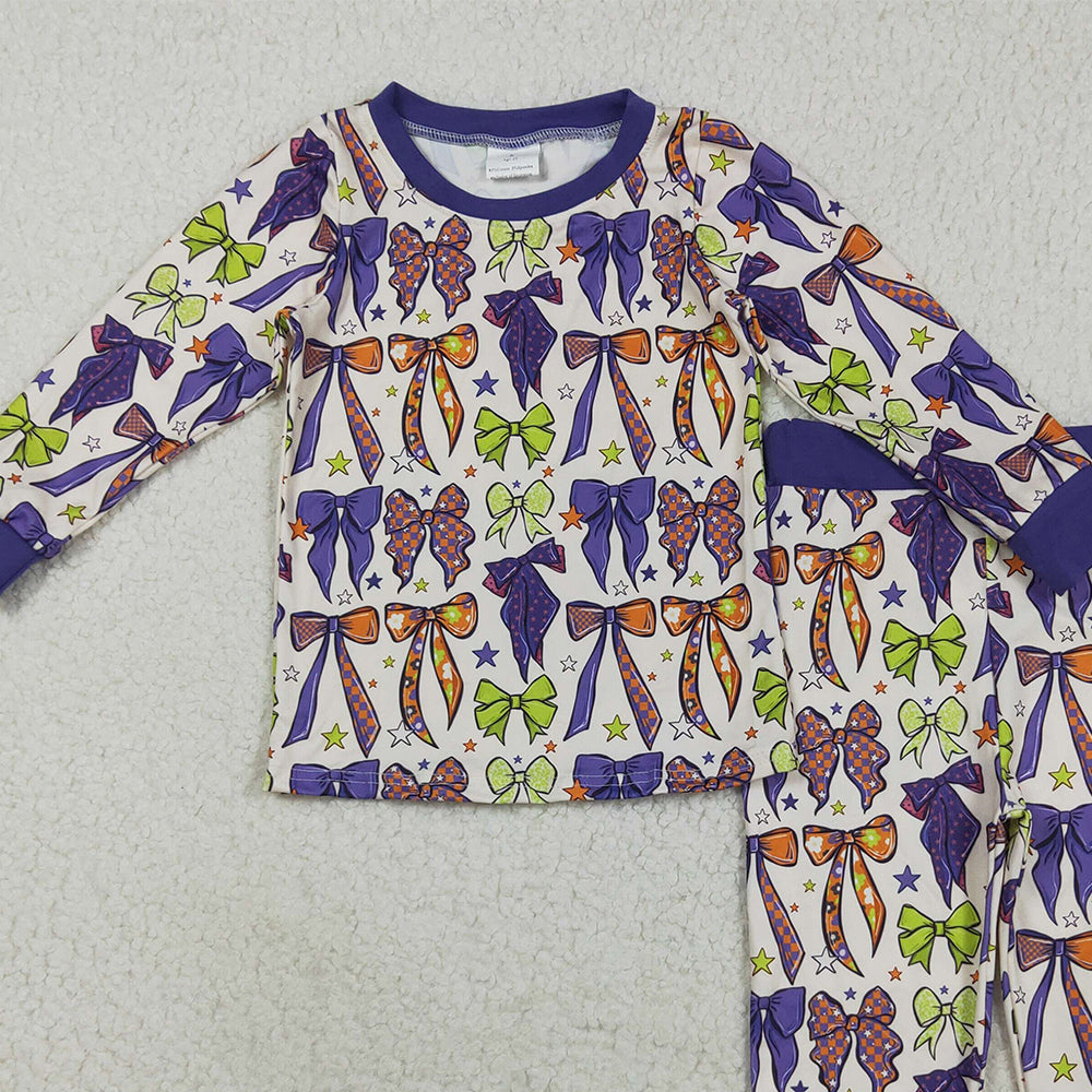 8.23 RTS NO MOQ (In stock)GLP2566 Baby Girls Winter Outfits Baby Girls Purple Green Bows Stars Plaid Top Pant Pajamas Set