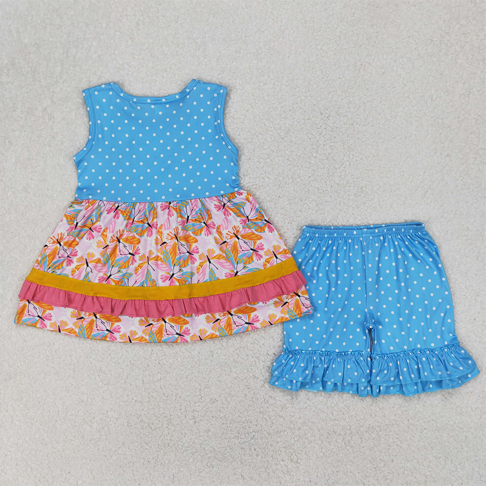 GSSO2199RTS NO MOQ Baby Girls Summer Outfits Girls Butterfly Ruffle Tunic Polka Dots Shorts Outfit Set Cute Feminine Clothing Ensemble for Little Girls
