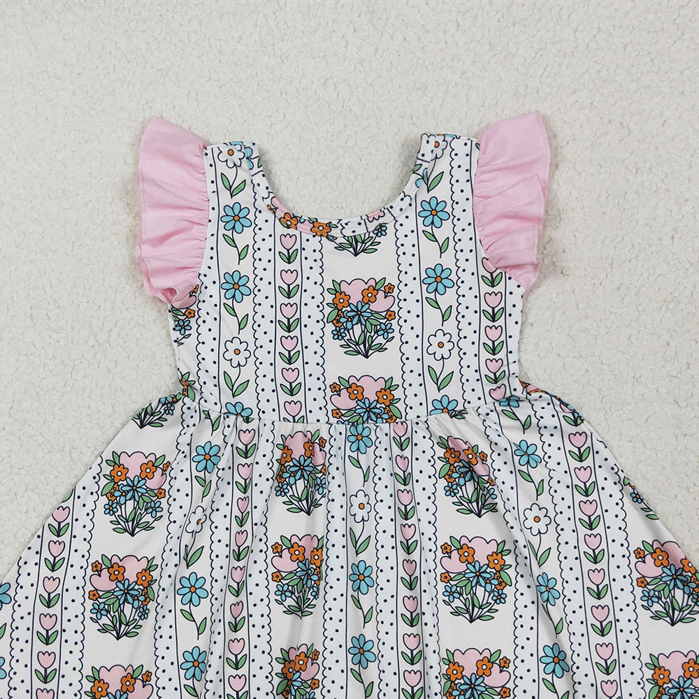 GSD2527 RTS NO MOQ Baby Girls Summer Dress Baby Girls Pink Flutter Sleeves Floral Stripe Knee Length Dress