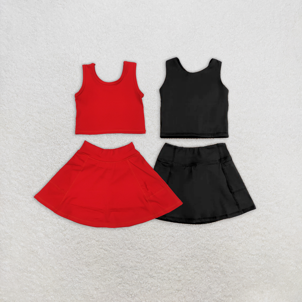 6.09 RTS NO MOQ Baby Girls Summer Yoga Outfits Red sleeveless top skirt kids girls active wear set