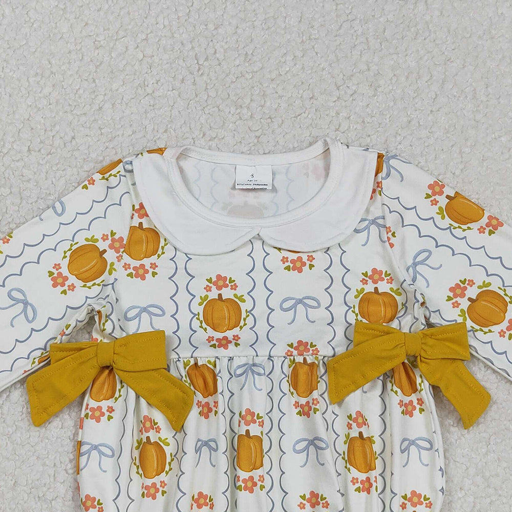 RTS NO MOQ (In stock)LR2389 Baby Girls Winter Rompers Fall Seasonal Pumpkin Bow Design Comfortable Cotton Outfit for Infants