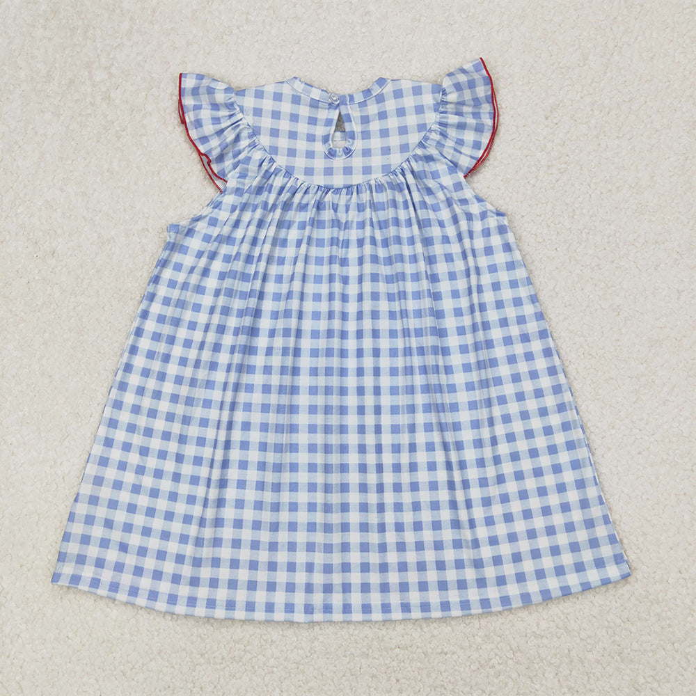 4.30 GSD1817 RTS NO MOQ Baby Girls Flutter Sleeves Blue Plaid Embroidery Flags Top 4th Of July Dresses
