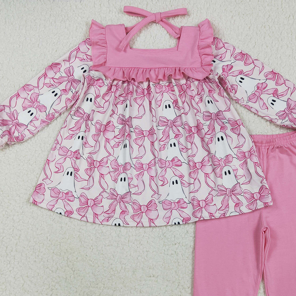 RTS NO MOQ (In stock)GLP2362 Baby Girls Winter Outfits Baby Girls Halloween Pink Bows Ghosts Tunic Ruffle Pant Sets