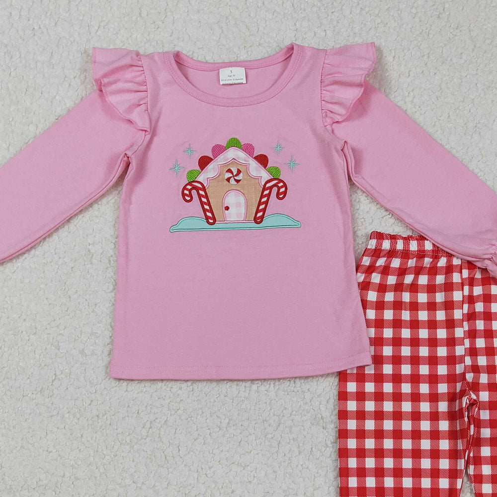 RTS NO MOQ (In stock)GLP2523 Baby Girls Winter Outfits Pink Christmas Candy Cane Print Top with Red Plaid Pants Outfit