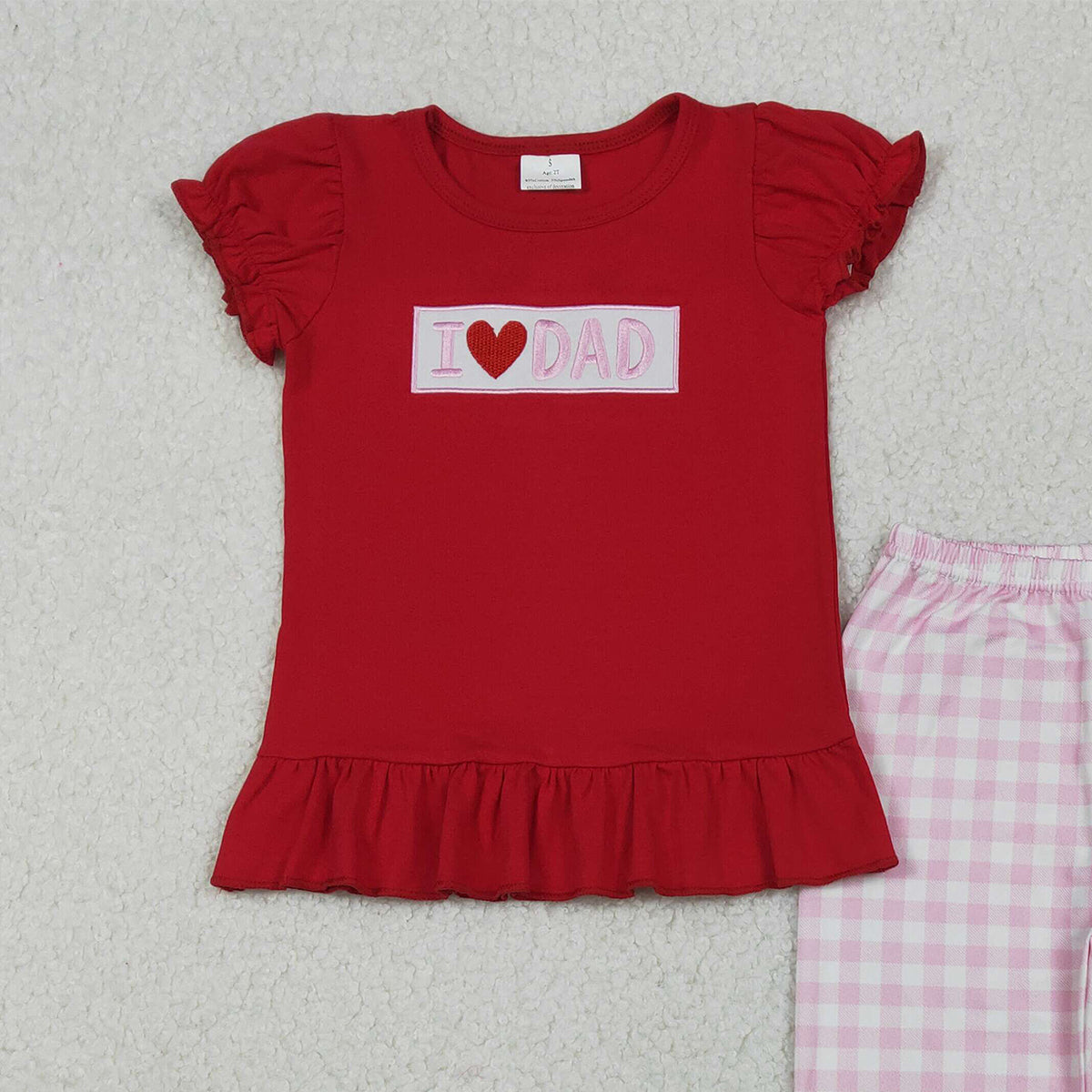 10.22 RTS NO MOQ (In stock)GSPO2072 Embroidery I Love Dad Baby Girls Shirts Checked Ruffle Pants Clothes Sets