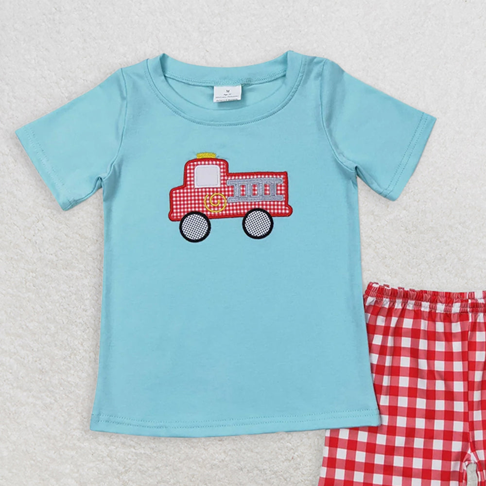 BSSO0549RTS NO MOQ Baby Boys Summer Boys Outfits Baby Boys Fire Truck Shirt Top Checkered Shorts Clothes Sets
