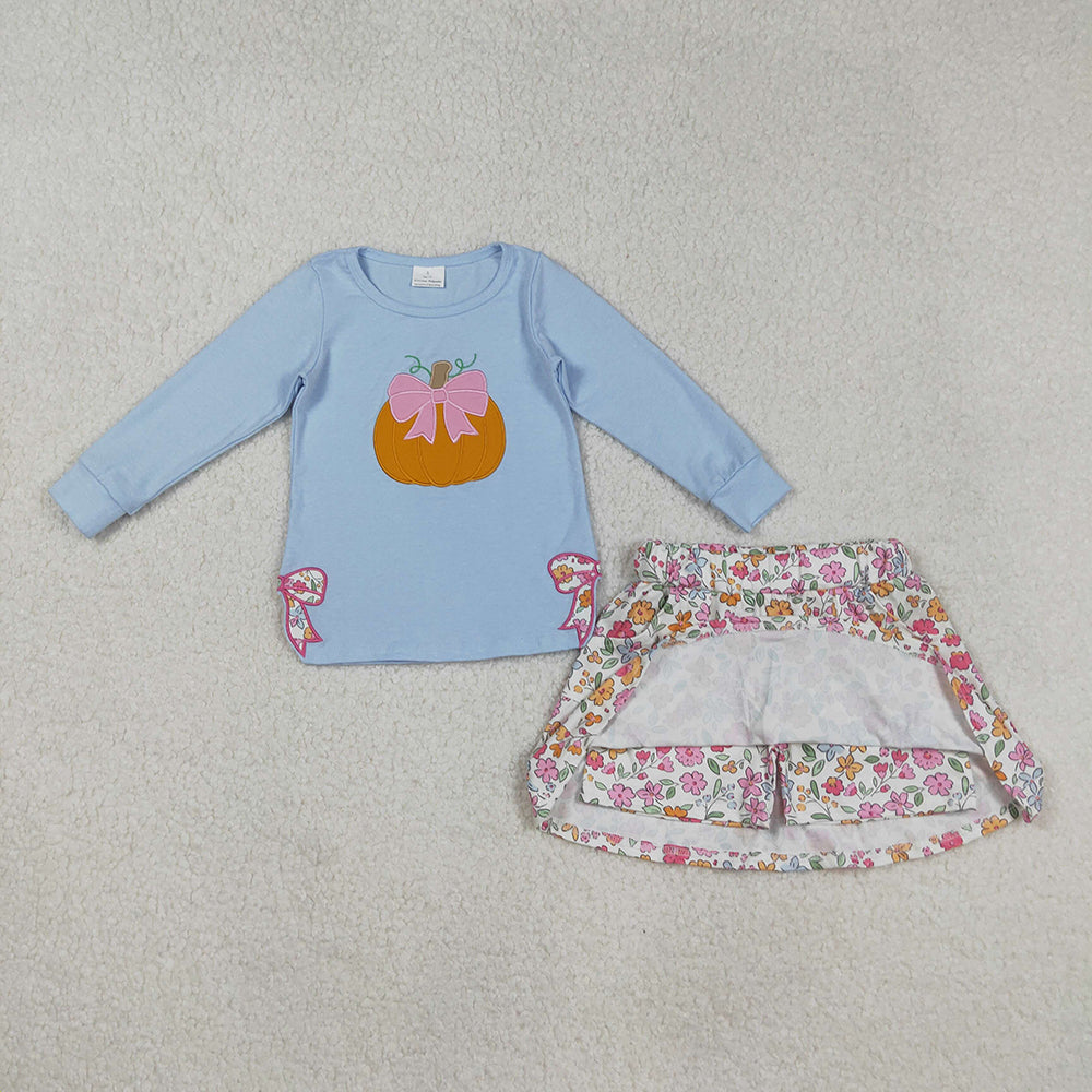 RTS NO MOQ (In stock)GLD1172 Baby Girls Skirt Sets Blue Long Sleeves Bows Pumpkin Top with Flowers Skorts Children's Outfit Set