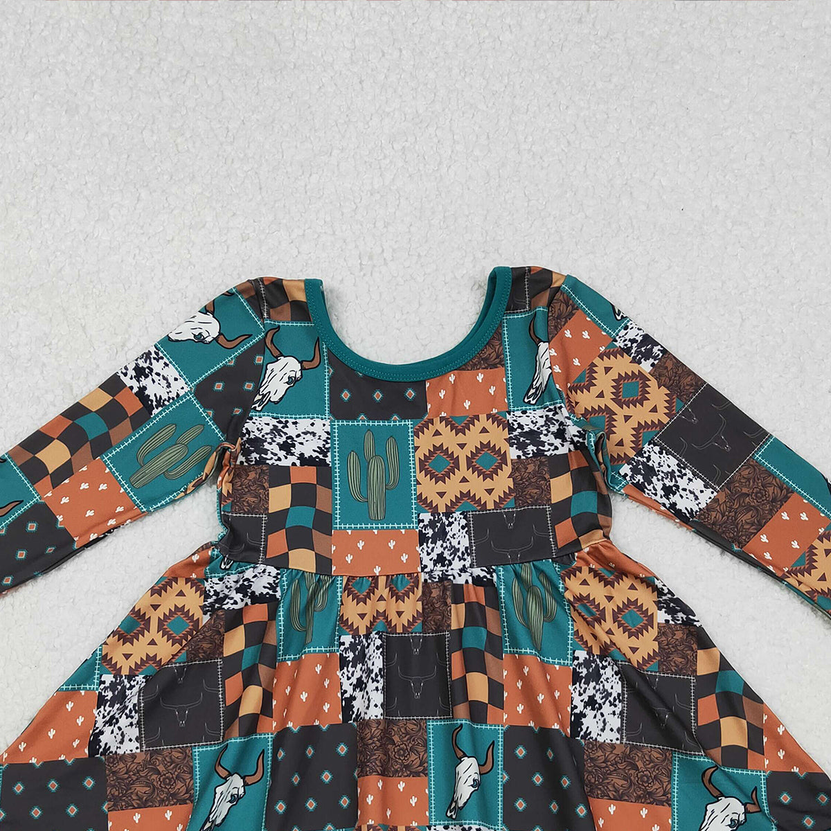 10.17 RTS NO MOQ (In stock)GLD0837 Baby Girls Winter Dress Baby Girls Western Cows Aztec Ruffle Knee Length Dresses