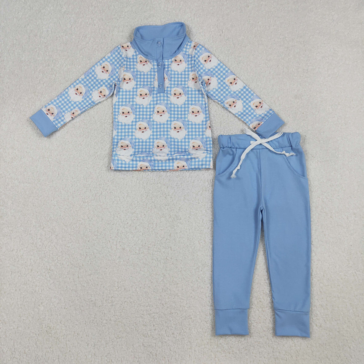 10.14 RTS NO MOQ (In stock)BLP1295 Baby Boys Winter Outfits Baby Boys Blue Checked Santa Button Top Pockets Pants Christmas Clothes Sets