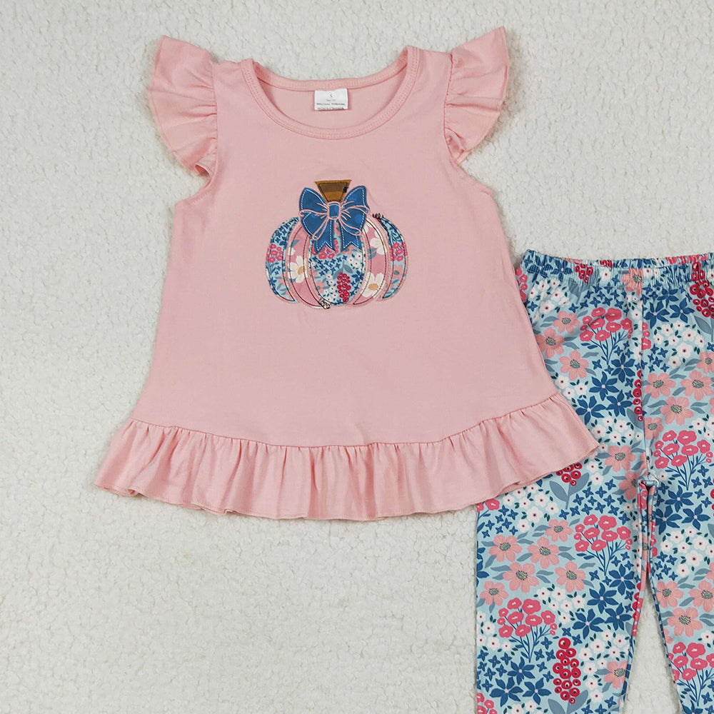 8.15 GSPO2032RTS NO MOQ Baby Girls Spring Outfits Baby Girls Pink Flutter Sleeves Floral Pumpkin Tunic Ruffle Pants Set