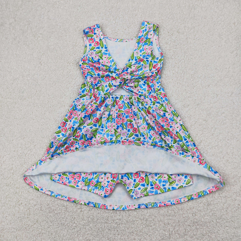 4.14 GSD1990 RTS NO MOQ Baby Girls Summer Yoga Dress Sleeveless blue floral kids girls athletic dresses