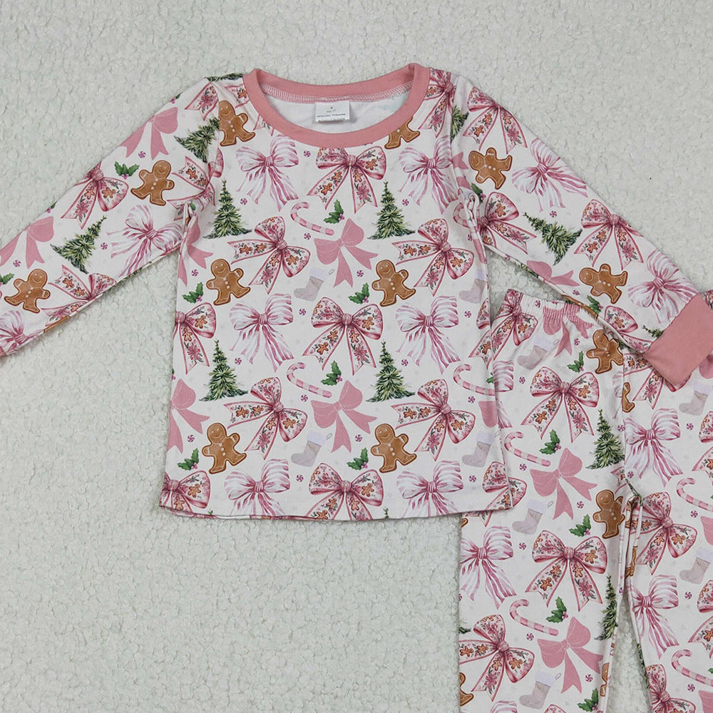 RTS NO MOQ (In stock)GLP2542 Baby Girls Winter Outfits Pink Christmas Trees Gingerbread Top Pants Pajamas Sets