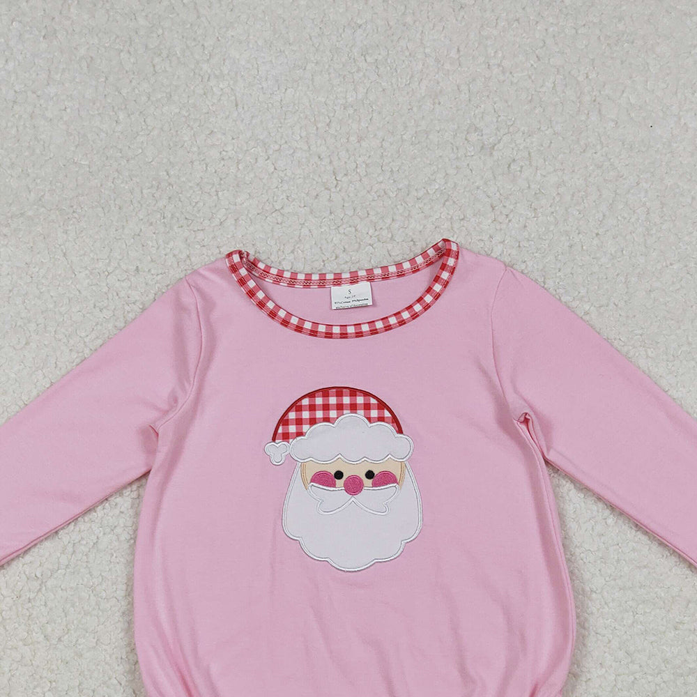 9.30 RTS NO MOQ (In stock)LR1733 Baby Girls Winter Rompers Embroidery Santa Baby Girls Pink Long Ruffle Sleeve Christmas Rompers