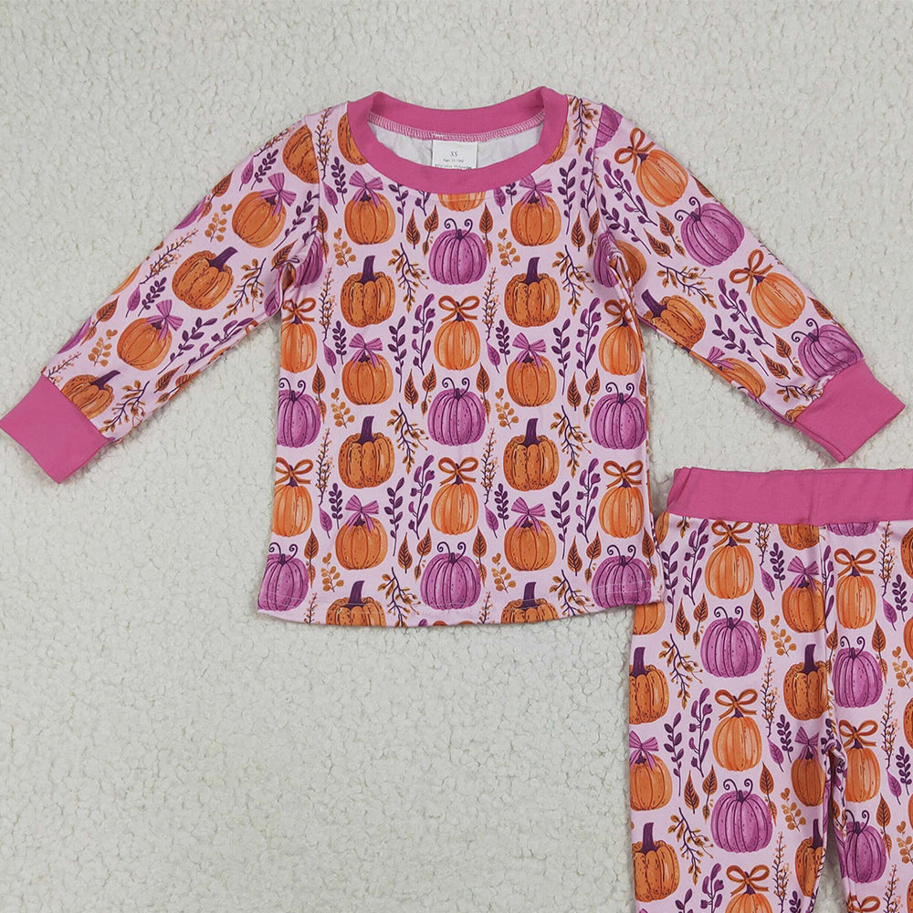 8.15 GLP2415RTS NO MOQ Baby Girls Winter Outfits Baby Girls Long Sleeves Hot Pink Floral Pumpkins Top Pant Pajamas Set