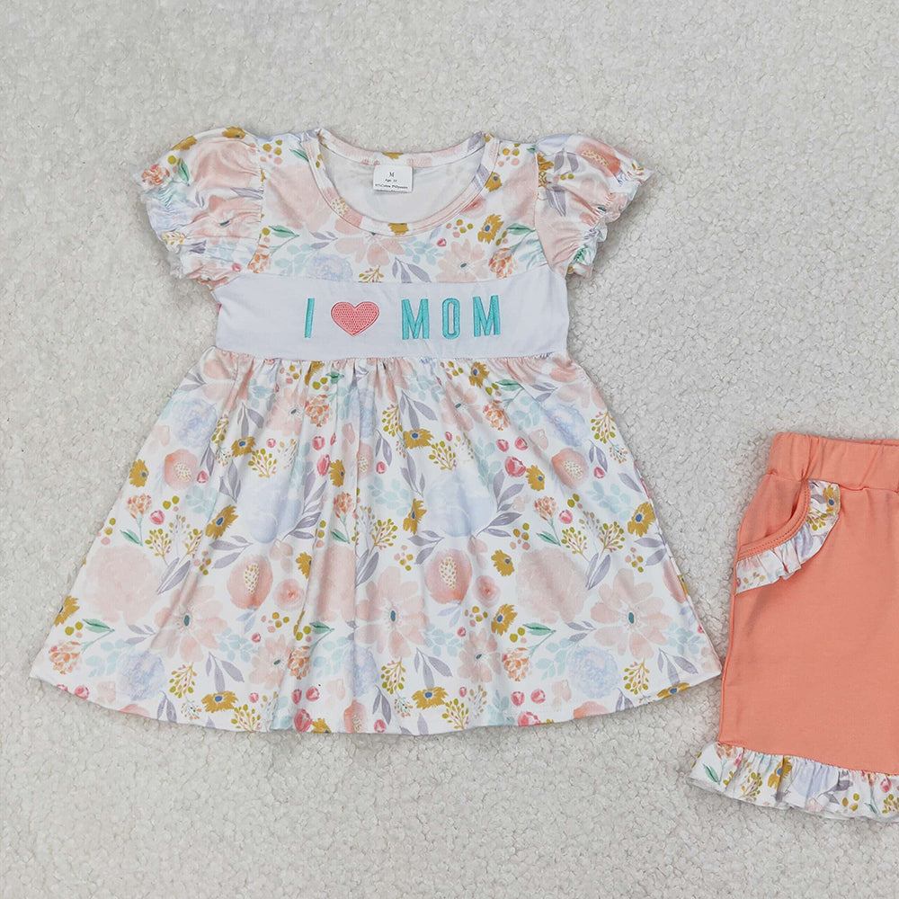 4.07 GSSO2408 RTS NO MOQ Baby Girls Summer Outfits Short sleeves I love MOM floral tunic shorts girls clothes