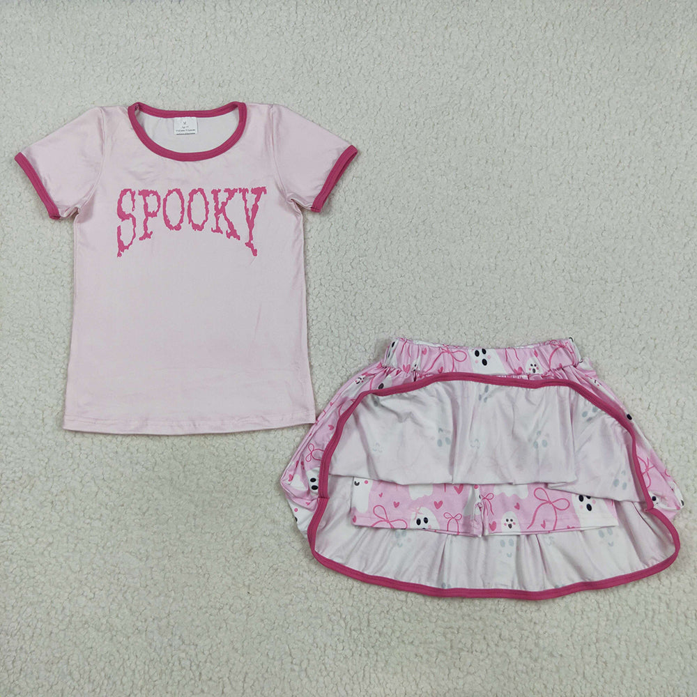RTS NO MOQ (In stock)GSD2776Baby Girls Skirt Sets Baby Girls Pink Spooky Top Ghosts Bows Plaid Skorts Halloween Set