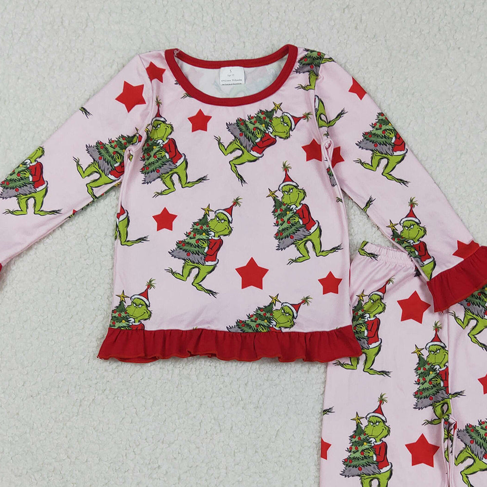 RTS NO MOQ (In stock)GLP2646 Baby Girls Winter Outfits Christmas Green Face Trees Top Pants Pajamas Sets