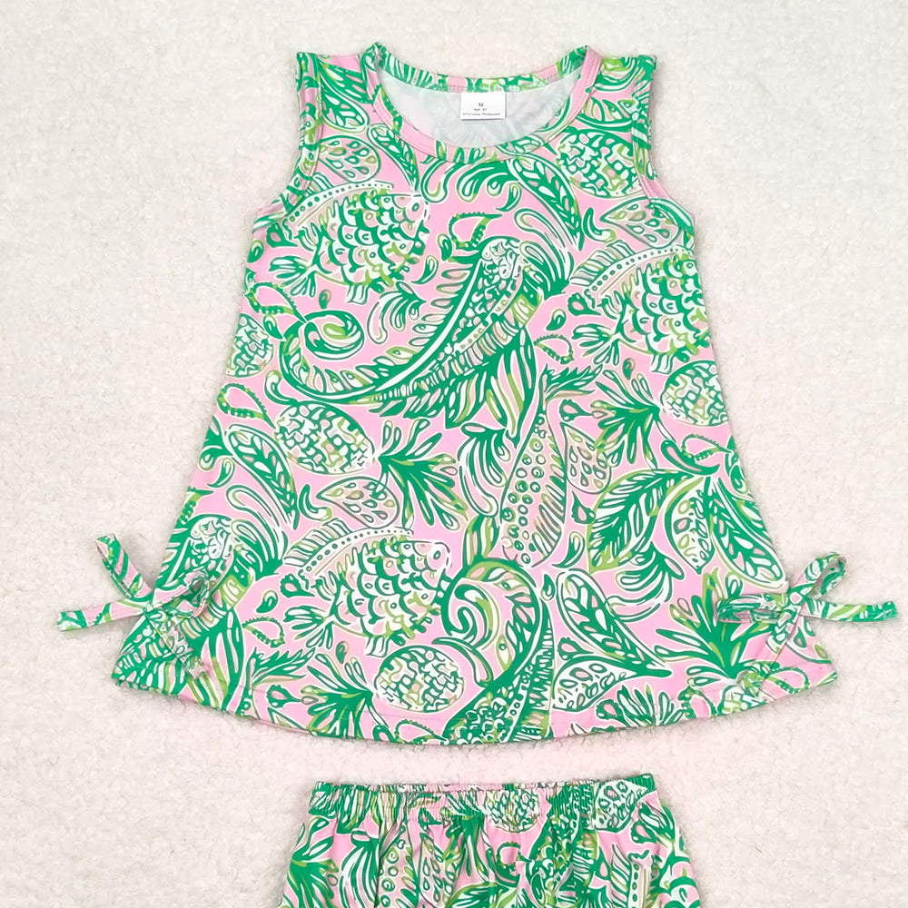 GBO0343 New Rts No Moq 8-9 Days By Air Arrived it Sleeveless green pink watercolor baby girls bummies set