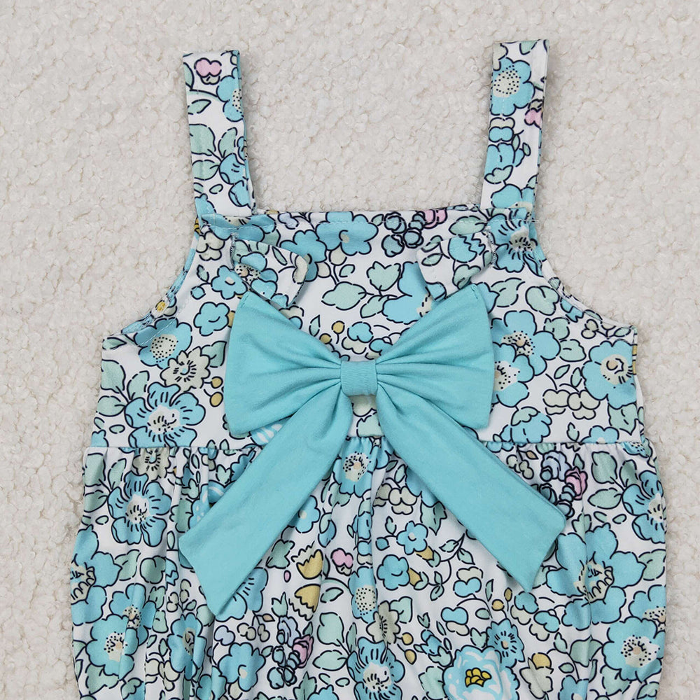 4.10 SR2829 RTS NO MOQ Baby Girls Summer Romper Baby Girls Light Blue Floral Bow Top Rompers