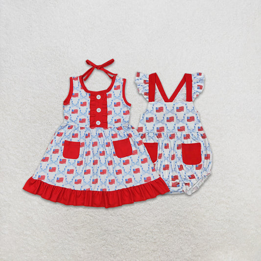 RTS NO MOQ Baby Girls Sleeveless Bow Flag Dress 4th of July Patriotic Outfit Summer Casual Dress for Little Girls