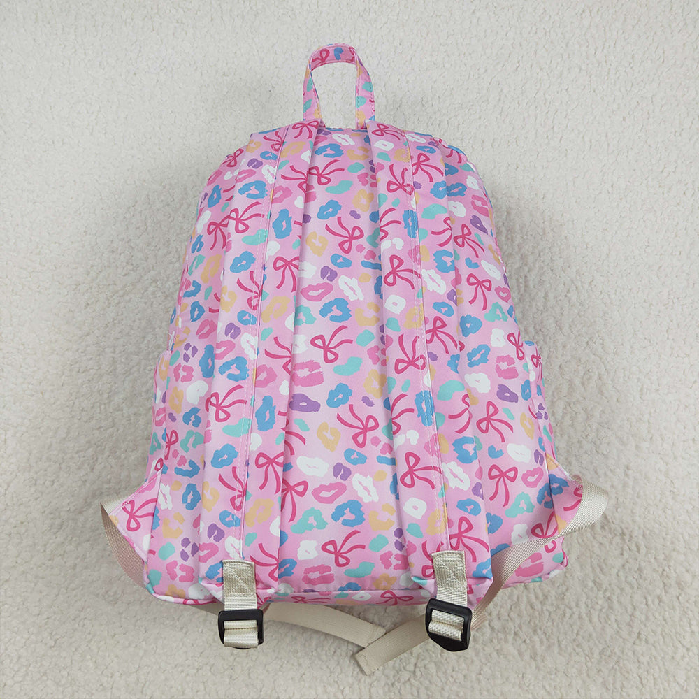 RTS NO MOQ (In stock)BA0319 Baby Bags Baby Kids Pink Leopard Bows School Zipper Ruffle Back Bags