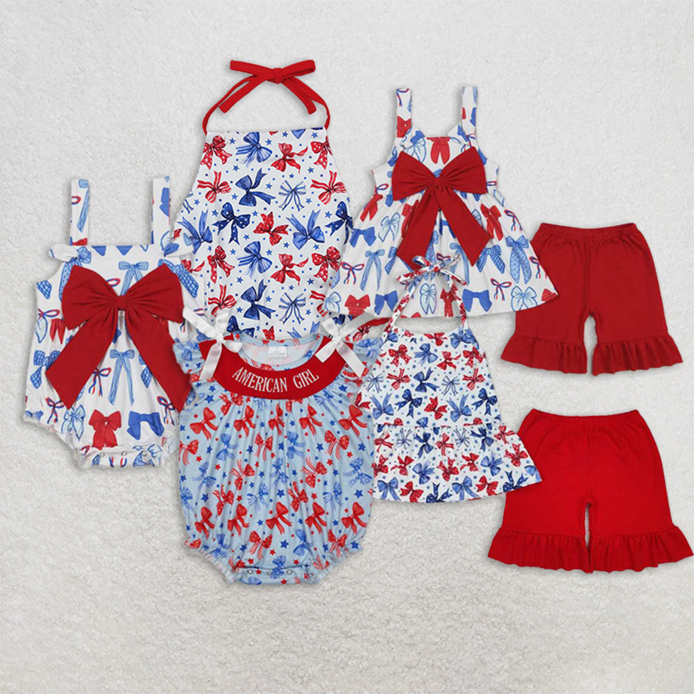 6.04 Girls Halter Top Shorts Set Stars Stripe Bow 4th of July Outfit Red White And Blue Patriotic Clothing for Kids