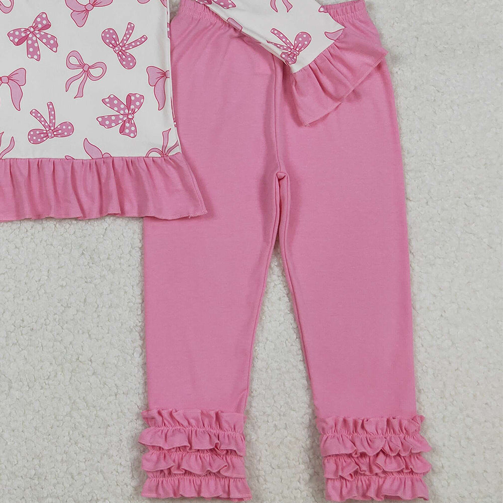RTS NO MOQ (In stock)GLP2778 Baby Girls Winter Outfits Pink Bows Zipper Pullover Ruffle Legging Pant Fall Clothes Sets