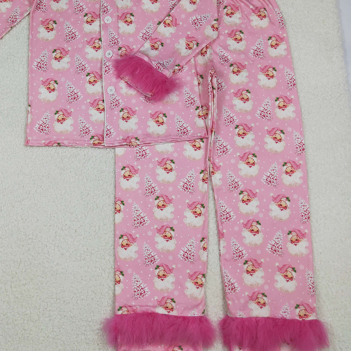 10.11 RTS NO MOQ (In stock)GLP2718 Adult Women Pink Santa Trees Button Top Pants Christmas Fur Pajamas Set