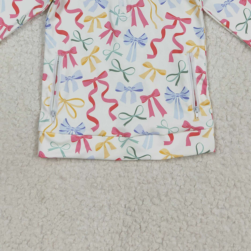 RTS NO MOQ (In stock)GT1065 Baby Girls Yoga Tops Baby Girls Colorful Bows Pockets Zipper Yoga Active Pullovers Top