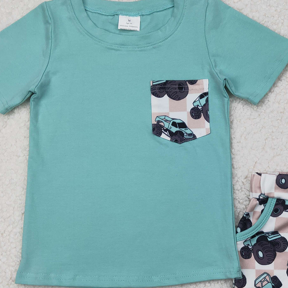 4.11 BSSO1316 RTS NO MOQ Baby Boys Summer Boys Outfits Baby Boys Aqua Short Sleeves Pocket Top Trucks Plaid Short Set