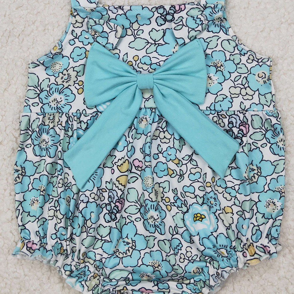 4.10 SR2829 RTS NO MOQ Baby Girls Summer Romper Baby Girls Light Blue Floral Bow Top Rompers