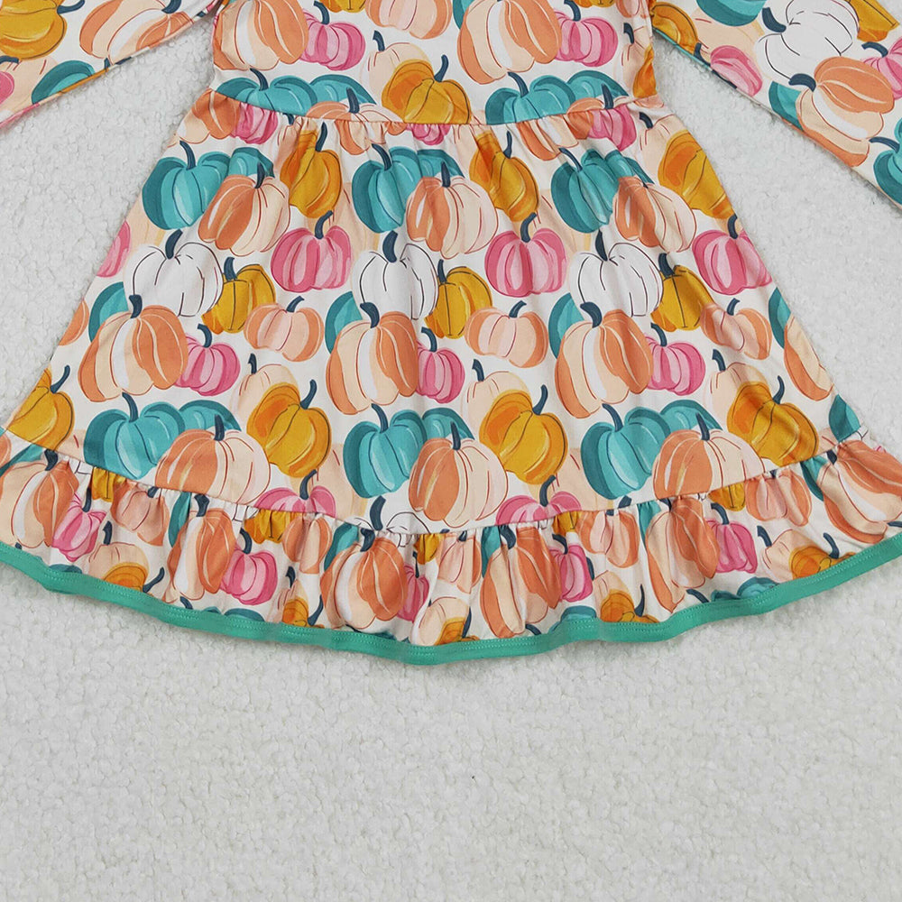 RTS NO MOQ (In stock)GLD1264 Baby Girls Winter Dress Colorful Pumpkin Long Sleeve Girls Dress with Ruffles for Fall Season Girls Clothing
