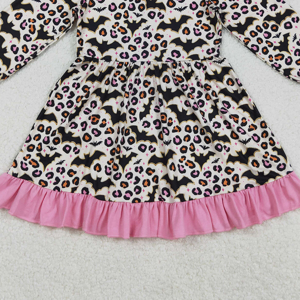 RTS NO MOQ (In stock)GLD1224 Baby Girls Winter Dress Halloween Leopard Bats Knee-Length Dress