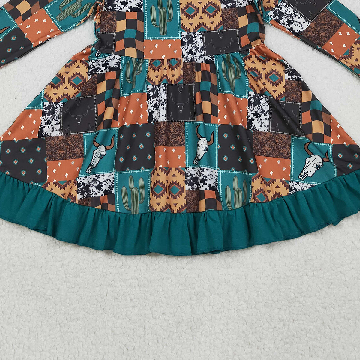 10.17 RTS NO MOQ (In stock)GLD0837 Baby Girls Winter Dress Baby Girls Western Cows Aztec Ruffle Knee Length Dresses