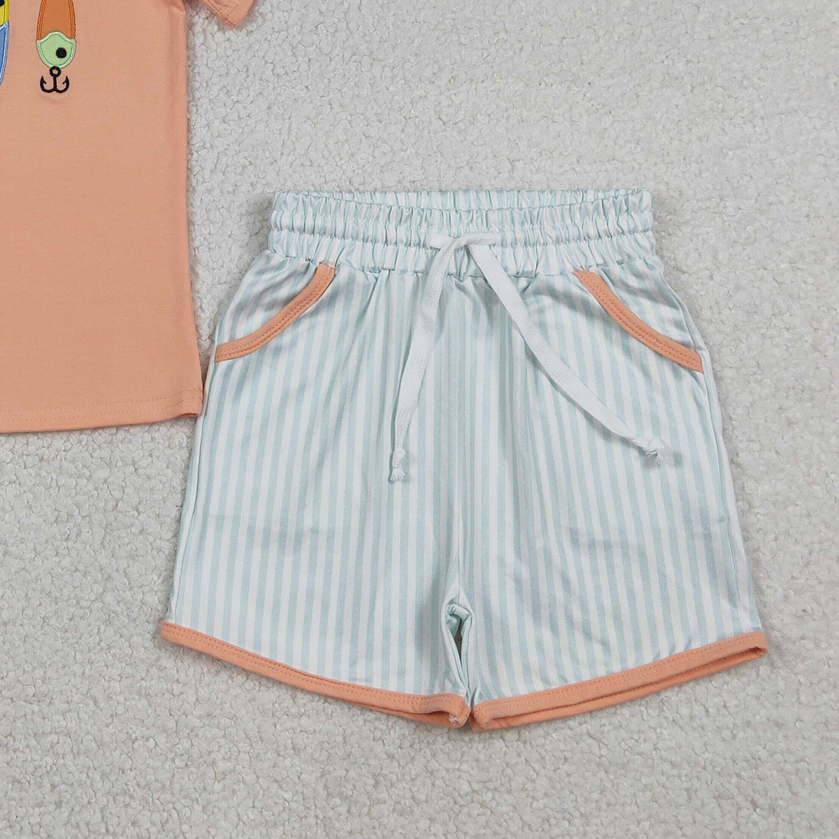 12.23 RTS NO MOQ (In stock)BSSO1606 Embroidery Fishing Baby Boys Shirts Stripe Pockets Shorts Hunting Clothes Sets