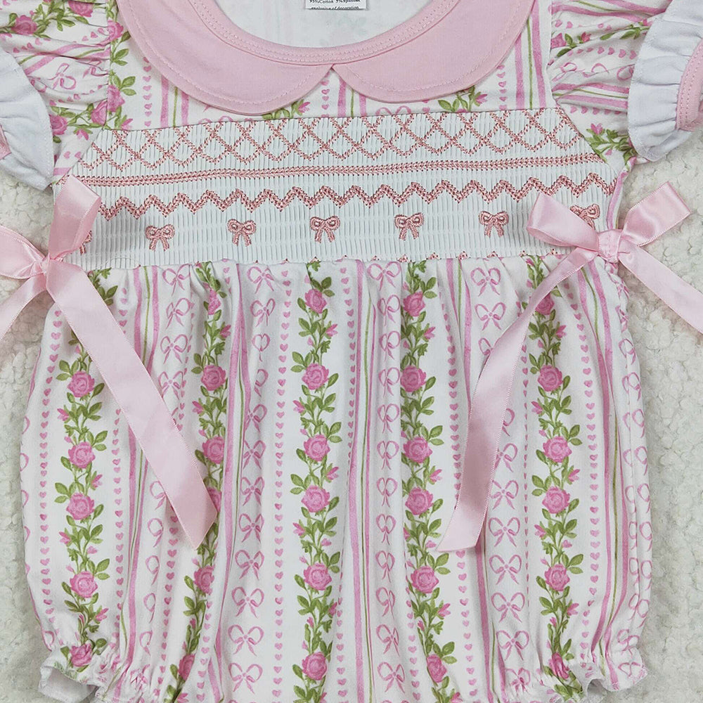 USA Shop (in stock)SR2994 RTS NO MOQ Baby Girls Summer Rompers Embroidery Baby Infant Girls Pink Floral Bows Ruffle Rompers