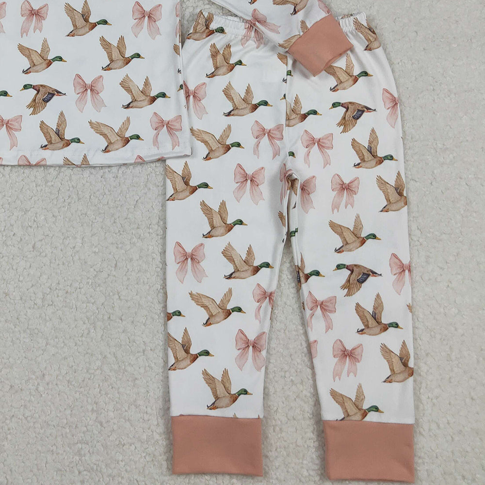 RTS NO MOQ (In stock)GLP2687Baby Girls Winter Outfits Ducks Bows Plaid Top Pants Pajamas Set