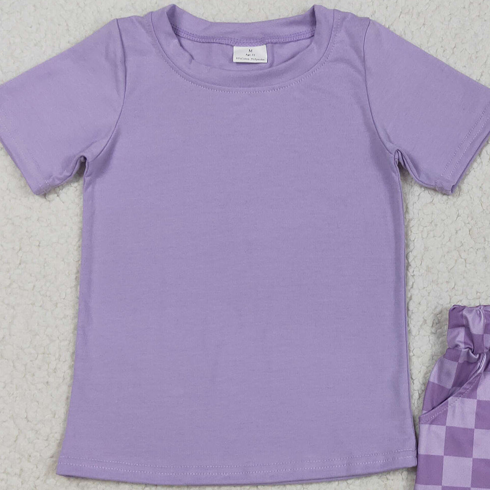 7.15 GSSO2524RTS NO MOQ Baby Girls Summer Outfits Baby Girls Lavender Short Sleeves Top Plaid Short Set