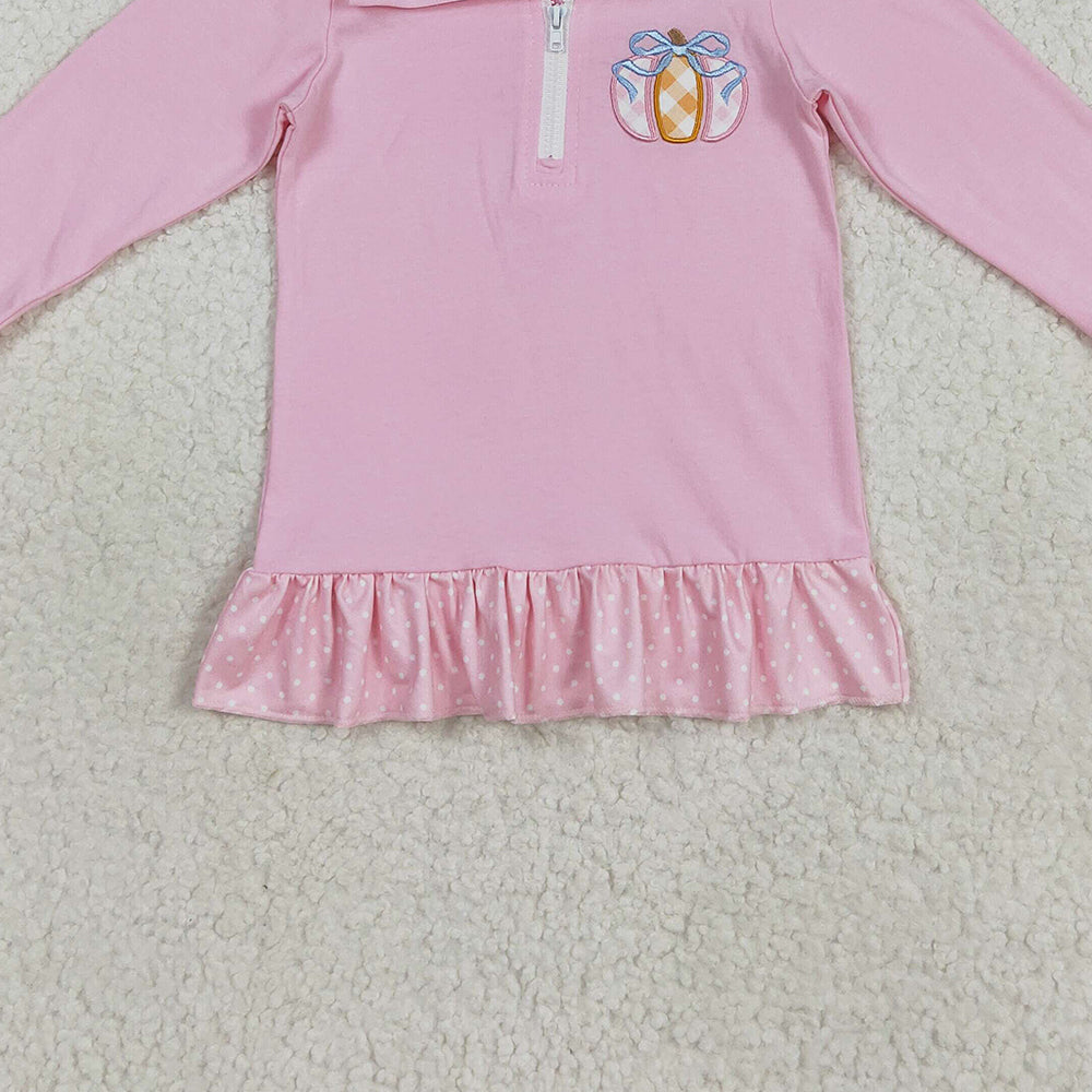RTS NO MOQ (In stock)GT1112 Baby Girls Long Sleeve Tops Embroidery Baby Girls Pink Long Ruffle Sleeves Pumpkins Zipper Pullover Top