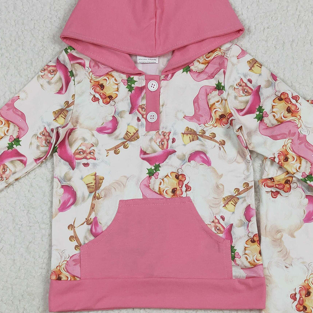 RTS NO MOQ (In stock)GLP2474 Baby Girls Winter Outfits Baby Girls Pink Christmas Santa Button Hoodies Pockets Pant Sets
