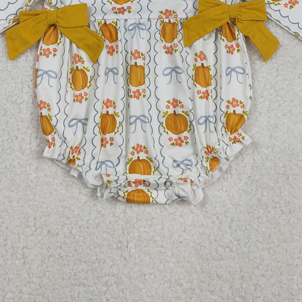 RTS NO MOQ (In stock)LR2389 Baby Girls Winter Rompers Fall Seasonal Pumpkin Bow Design Comfortable Cotton Outfit for Infants