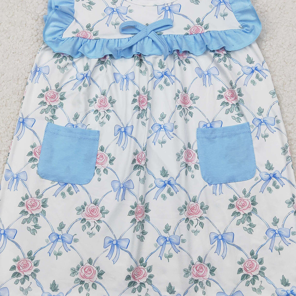 5.17 GSD2230 RTS NO MOQ Baby Girls Summer Dress Baby Girls Pink Flowers Blue Bow Dress