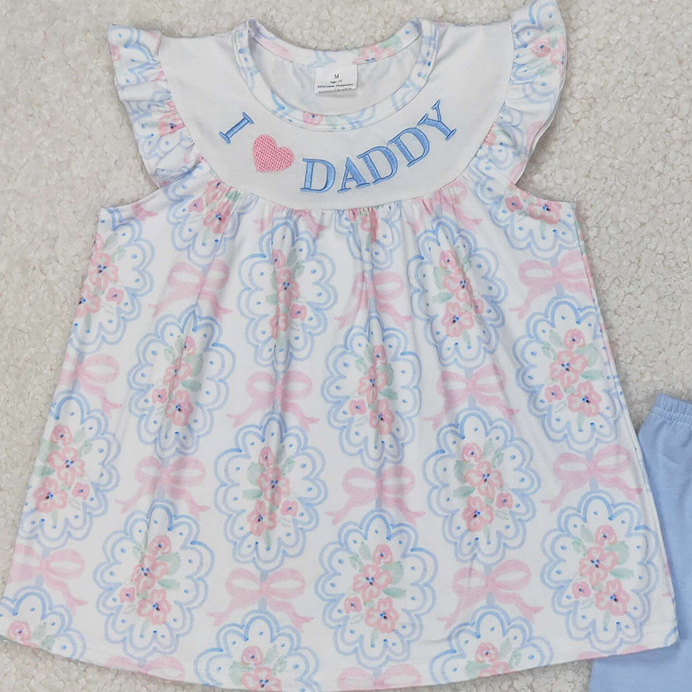 5.28 GSSO2407 RTS NO MOQ Baby Girls Summer Outfits I love daddy floral bow tunic ruffle shorts girls clothing