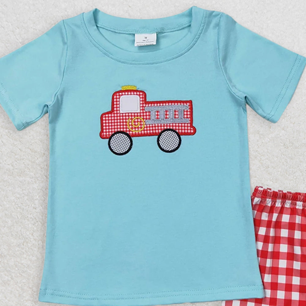BSSO0549RTS NO MOQ Baby Boys Summer Boys Outfits Baby Boys Fire Truck Shirt Top Checkered Shorts Clothes Sets