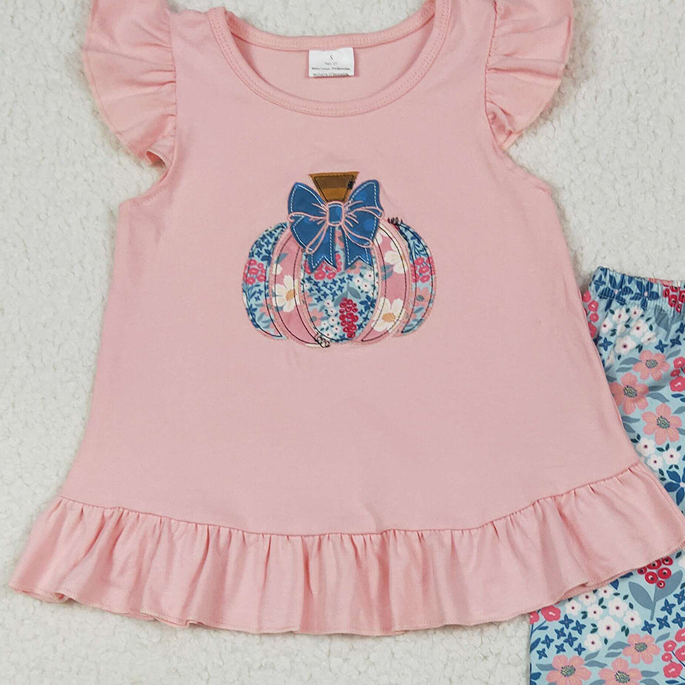8.15 GSPO2032RTS NO MOQ Baby Girls Spring Outfits Baby Girls Pink Flutter Sleeves Floral Pumpkin Tunic Ruffle Pants Set